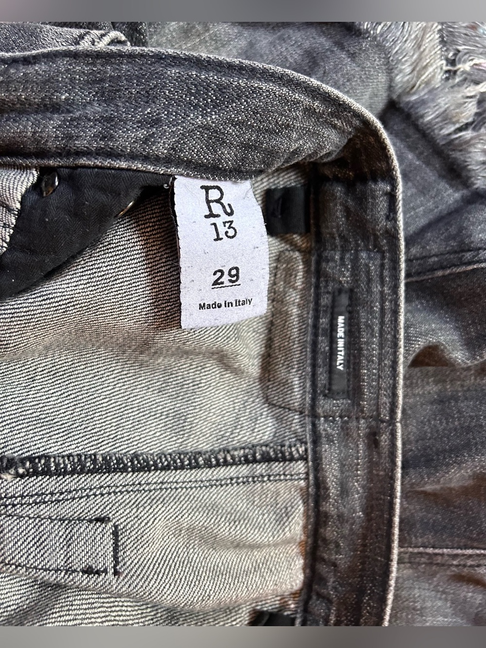 R13 Shredded Harem Shorts in color Cement Black. Distressed. Size 29 - Picture 4 of 7